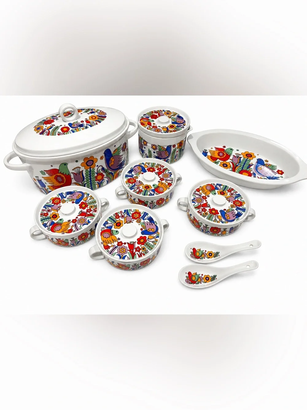 Vintage Royal Crown Paradise Japan Ovenware Set Birds Flowers MCM 9 Pc Lot